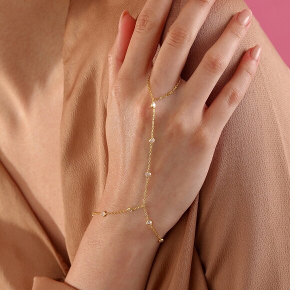 925 Sterling Silver - Personalized 14K Gold Hand Chain,Jewelry,Slave Bracelet - Picture 1 of 4